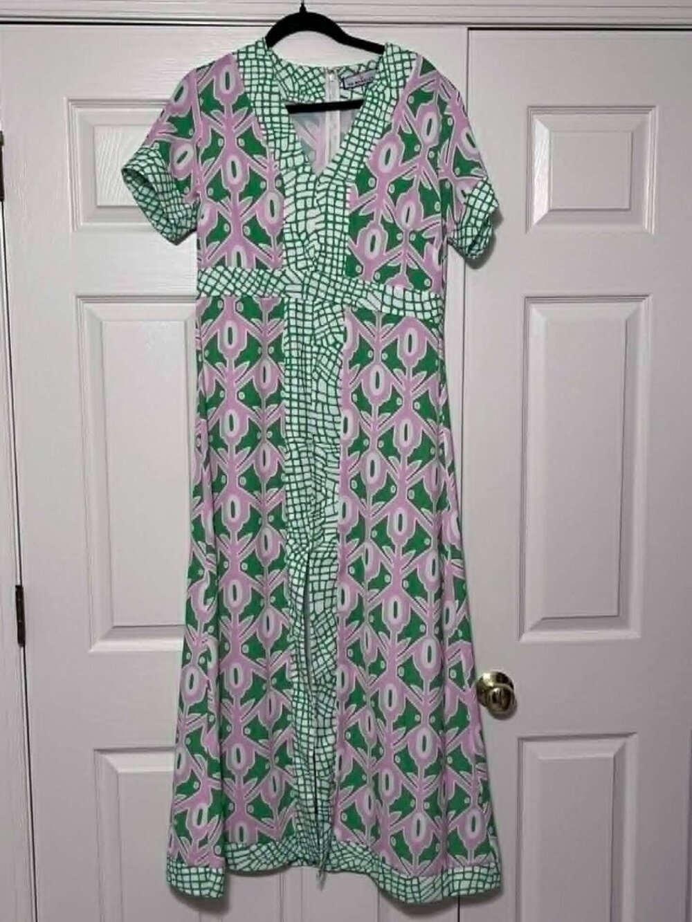 CK Bradley Leland Dress Green/Pink Maxi Dress Size Medium - Red Dot on Front